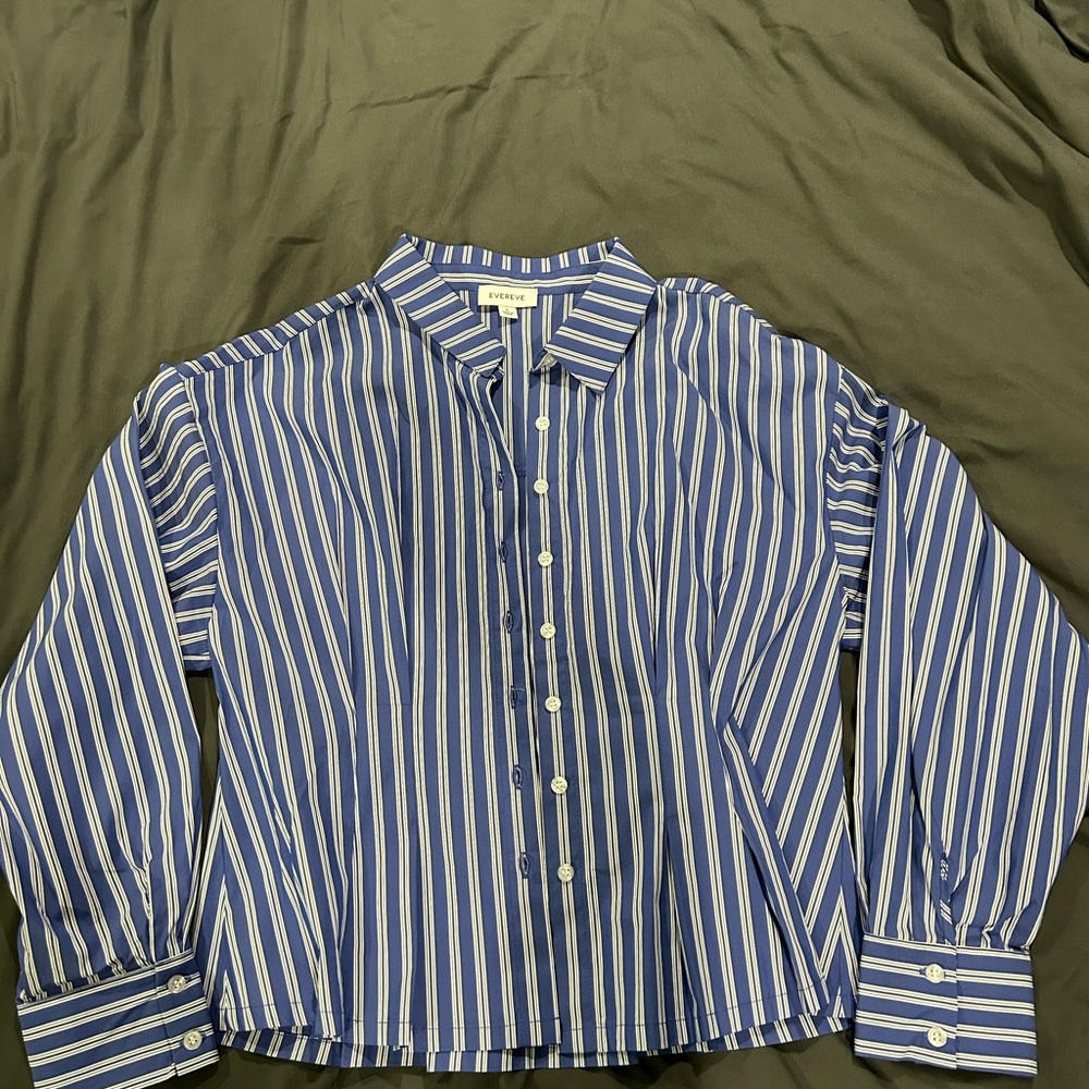 Evereve Mara Corset Navy & White Vertical Stripe Button-Up Shirt